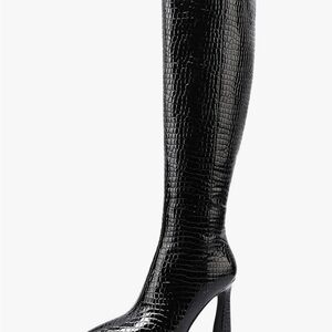Black Croc-Embossed Knee-High Boots
